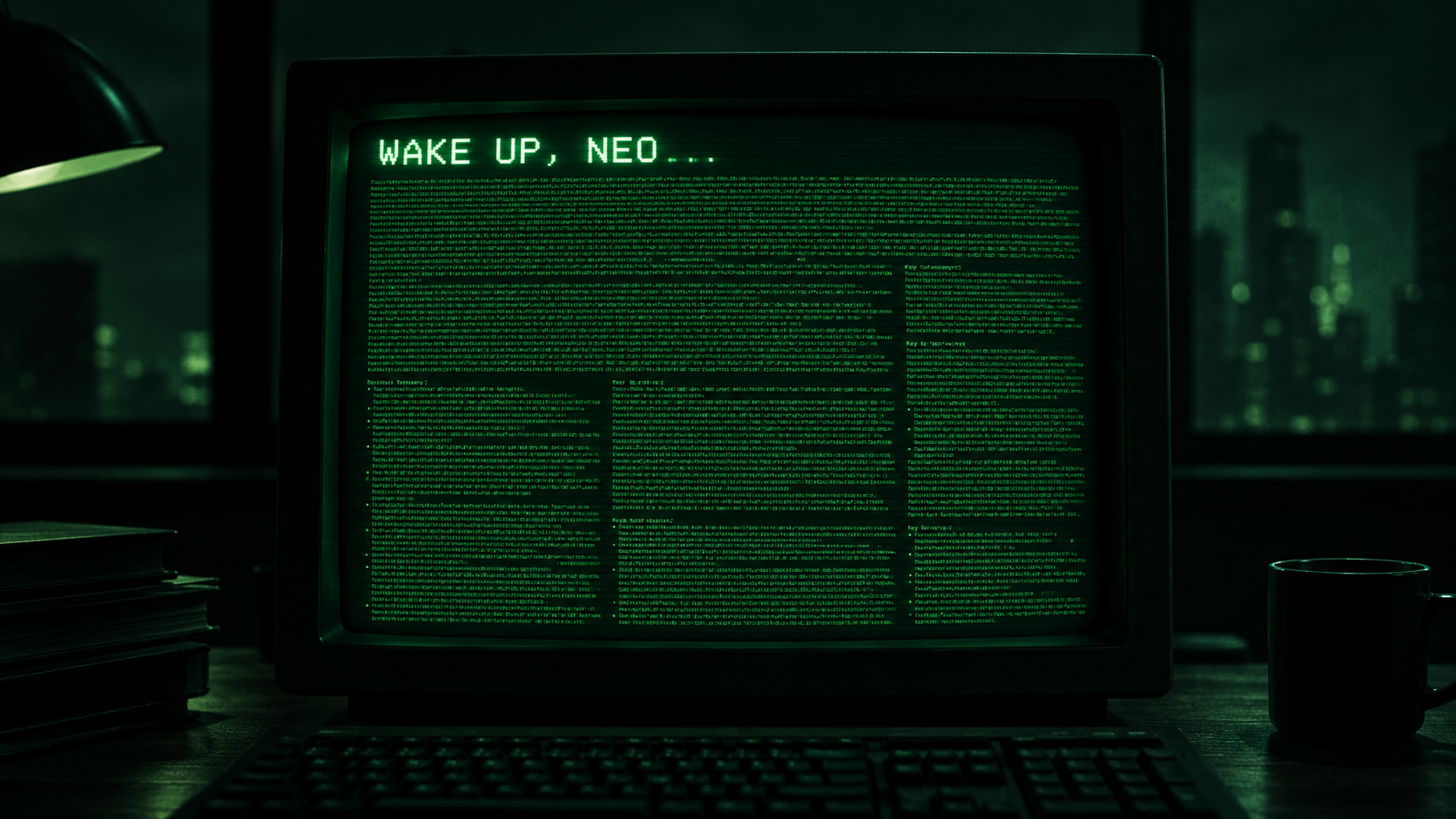 A CRT screen filled with dense green text under the words ‘Wake up, Neo…’